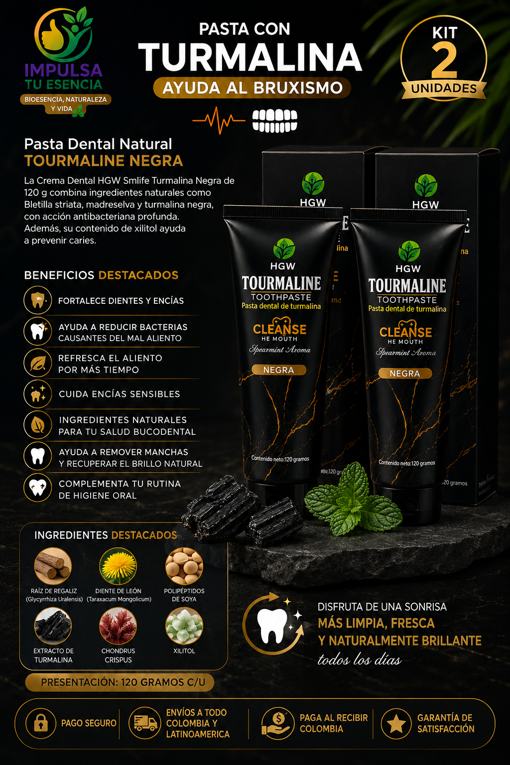 Kit x 2 Pastas Dentales Naturales Tourmaline Negra HGW® | 240 g