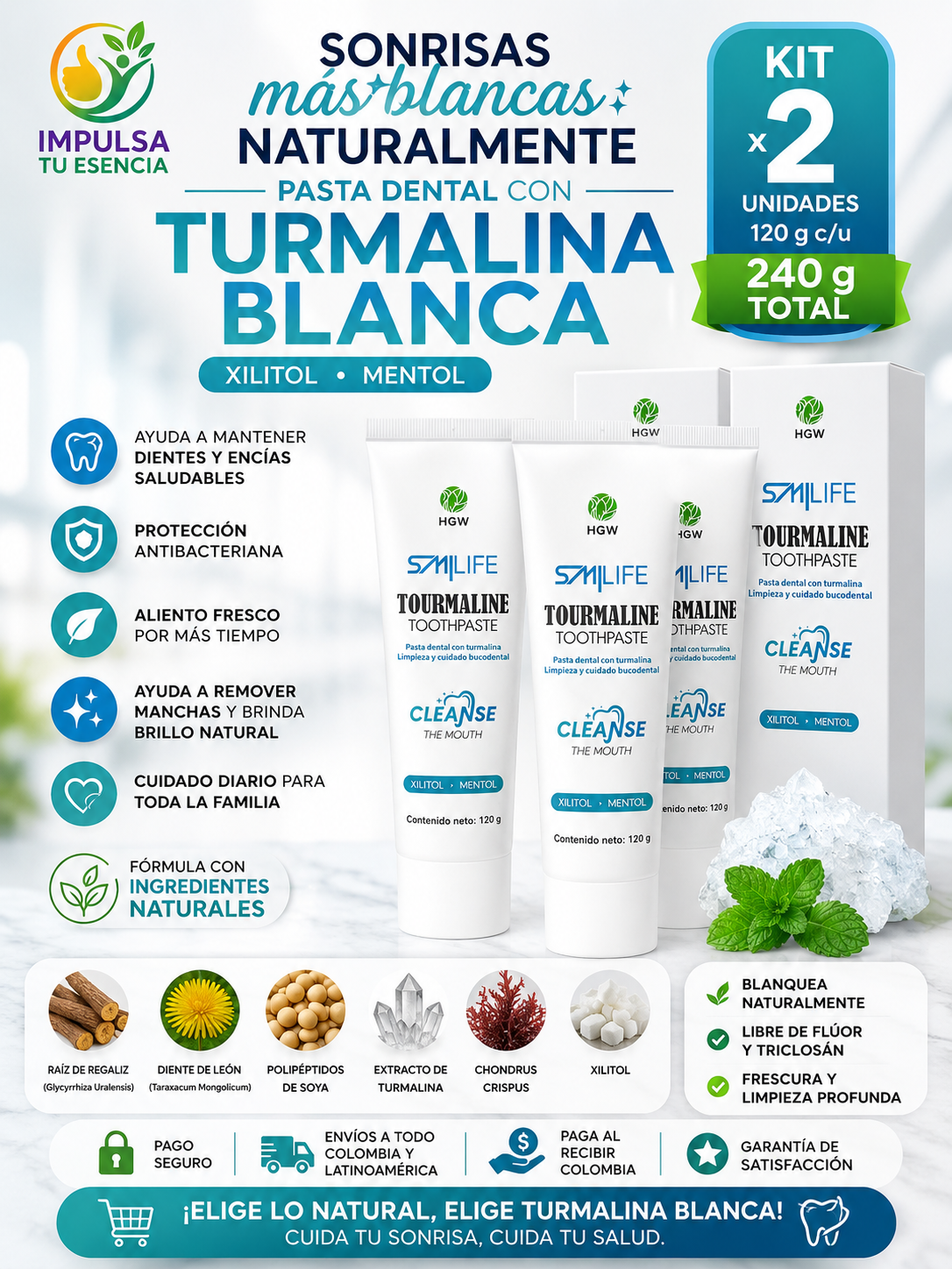 Kit x 2 Pastas Dentales Naturales de Tourmaline Blanca HGW | 240 g