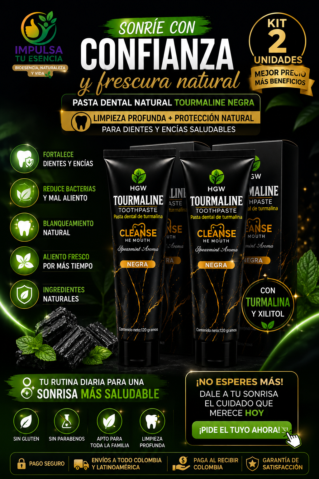 Kit x 2 Pastas Dentales Naturales Tourmaline Negra HGW® | 240 g